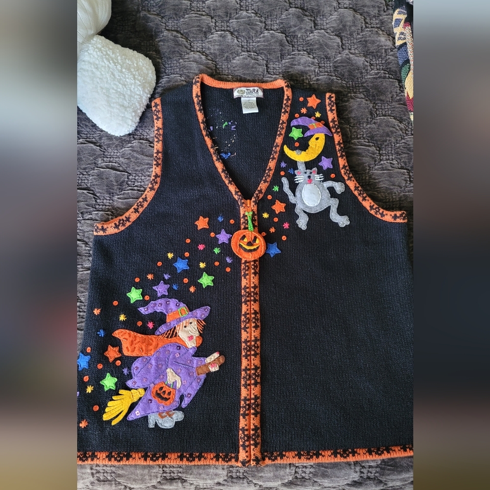 Vintage Tiara Halloween Witch and Cat Vest - Black and Orange